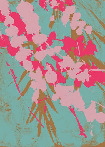 Abstract botanisch. Weelderige bloemen in helder en pastelroze, goud en celadon.