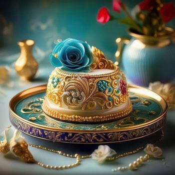 Eine kunstvolle Torte in Türkis und Gold