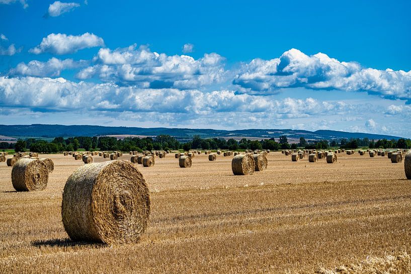 Ein Blick auf ein Feld mit Strohballen von Andreas Völkel