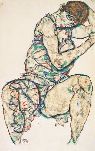 Zittend halfnaakt, Egon Schiele - 1914
