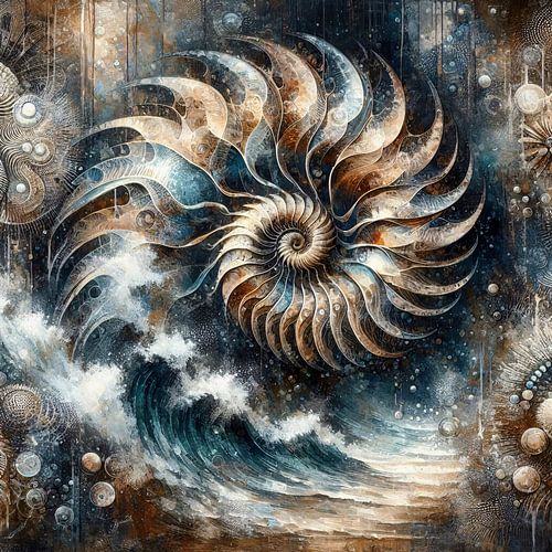 Ammonite with blue waves - abstract