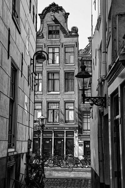 Dessin The Red Light District Amsterdam Pays-Bas Crayon Dessin au trait Noir et blanc par Hendrik-Jan Kornelis