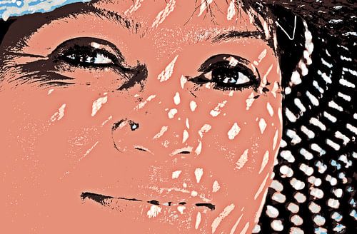 Femme avec un chapeau de soleil noir mixed media