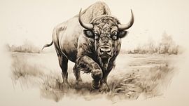 Büffel, der auf einem Feld läuft, Zeichnung, Büffel-Bleistiftzeichnung im Vintage-Stil.