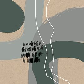 Abstract circles in pastel green, grey, blue, black and white on beige by Dina Dankers