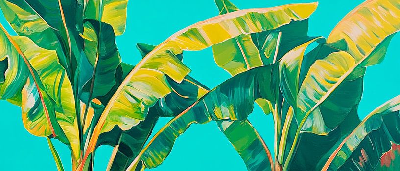 Tropical leaf diversity against a blue background by Poster Art Shop