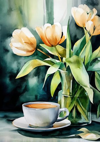 Aquarel: Koffie & perzikkleurige tulpen