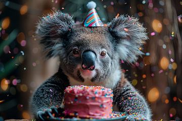 Koala met feestmuts viert grappige verjaardag van Felix Brönnimann