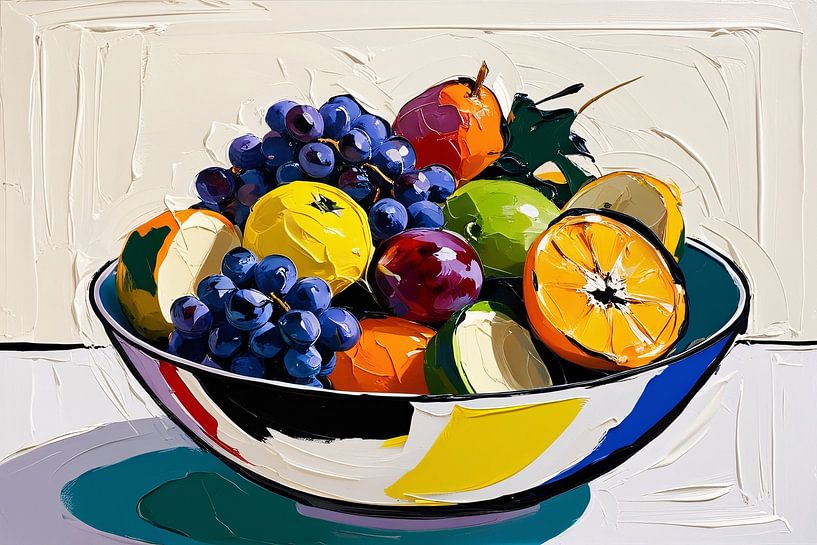 Colourful fruit bowl still life painting by Art & Soul Creations