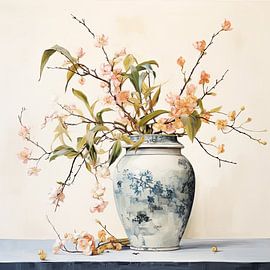Antique vase with blossom branches still life