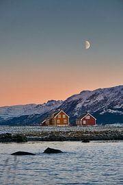 Half moon on wintry landscape on Godøy, Sunnmøre, Møre og Romsdal, Norway by qtx