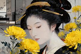 Geisha with chrysanthemums by Mad Dog Art