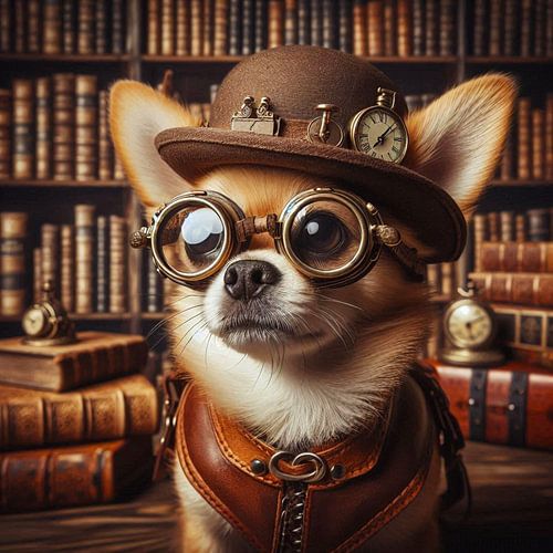 Chien avec chapeau dans la bibliothèque