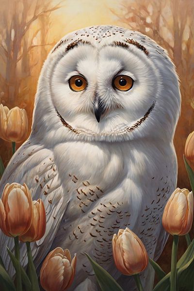 Portrait d'une chouette blanche et de tulipes d'automne par Art & Soul Creations