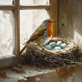 Merle avec un nid d'œufs dans l'ouverture de la fenêtre de l'étable - symbole de la vie nouvelle sur Emiel de Lange