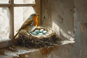 Rotkehlchen mit Eiernest in der Fensteröffnung des Stalls - Symbol für neues Leben