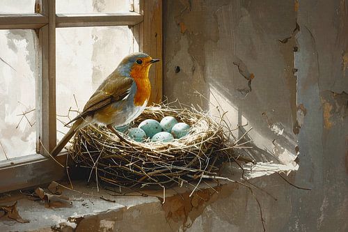 Roodborstje met nest met eitjes in raamopening stalraam - symbool voor nieuw leven