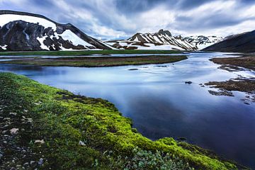 IJslands landschap met water, bergen en mos