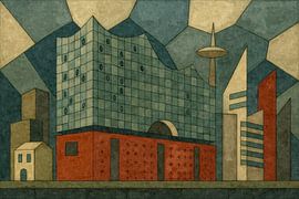 Cubist skyline of the Port of Hamburg featuring the Elbphilharmonie by Sabine Wagner