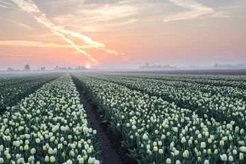 Champs de tulipes au lever du soleil. sur Peter Haastrecht, van