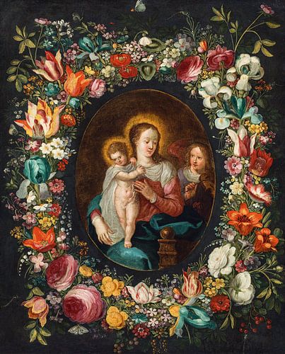 Jan Brueghel de Jonge, Maria met kind en engel in een bloemenkrans, ca 1635
