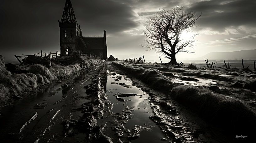 vieux bâtiment en noir et blanc avec une lumière dramatique par Gelissen Artworks
