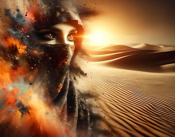 Junge Frau in einem Sandsturm in der Wüste von Eye on You