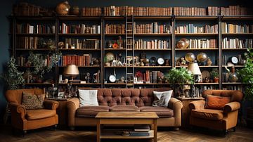 großes Wohnzimmer mit Bücherbibliothek von Animaflora PicsStock