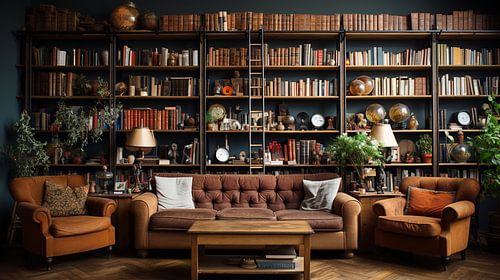 Grote woonkamer met bibliotheek