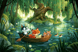 Woodland Friends – Fox, Wolf and Lynx in a boat on the forest lake by Floral Abstractions