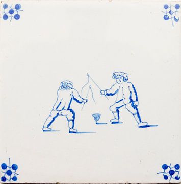  Original antique 17th century Delft blue tile with playing ki by Patricia Hofmeester