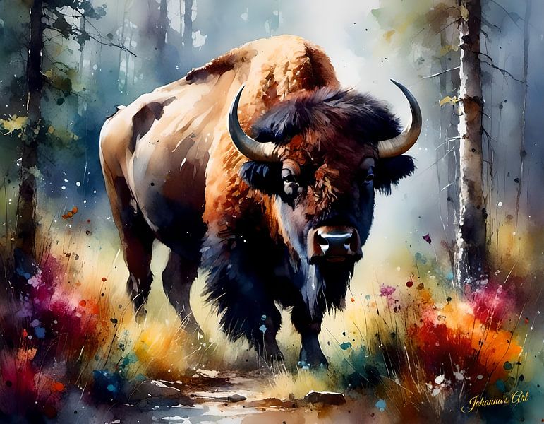 Wilde dieren in aquarel - Bizon 1 van Johannas Art Creations