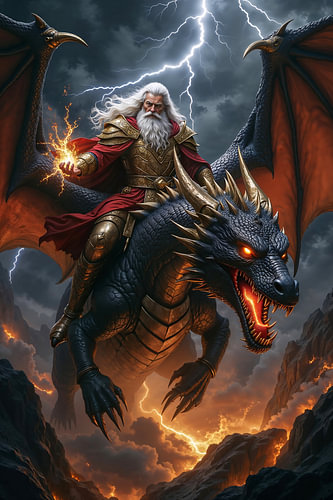 Fantasy Wall Art: ZEPHYRALD - Een magiër rijdt op een zwarte draak