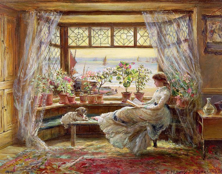 Charles James Lewis,Reading Through the Window by finemasterpiece