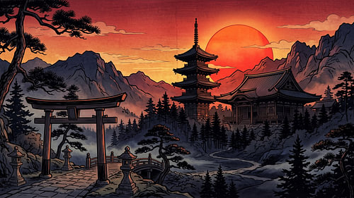 Crimson Sunset Japanese Temple Gate