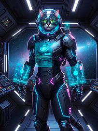 Elite space cat guardian monitoring interstellar data from futuristic ship bridge. by NAIME ATELIER