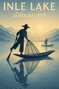 Inle Lake Vintage Travel Poster - Traditionelle Fischer & Sonnenuntergang Kunst