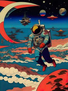Ein Poster mit einem Astronauten im Weltraum von Retrotimes