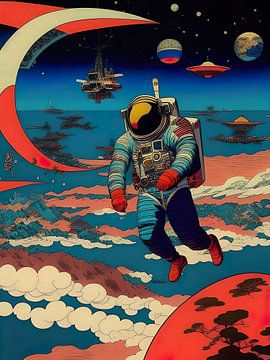 Een poster van een astronaut in de ruimte van Retrotimes