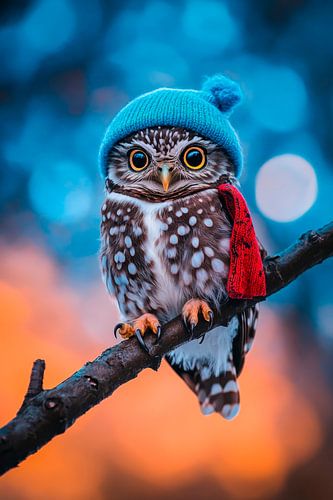 Clever owl with winter hat