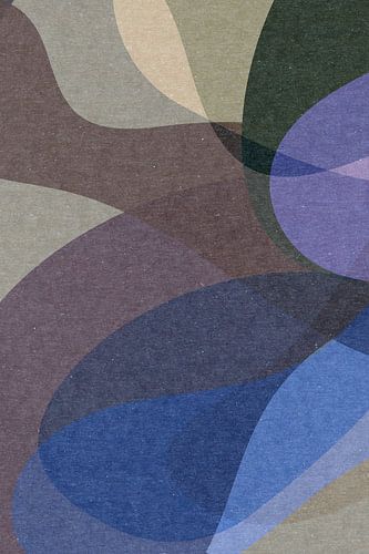 Abstracte vormen in taupe, blauw, lila, groen.