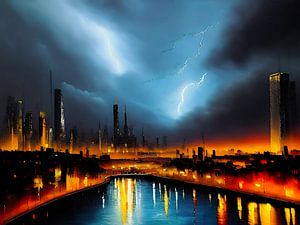 Onweer boven een futuristische stad van Retrotimes