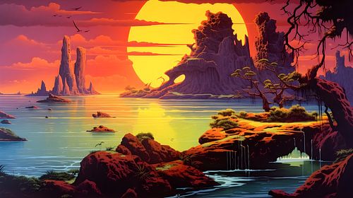 Eilandjes in oceaan in de stijl van Roger Dean, zonsondergang