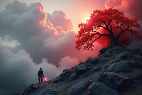 Person with Rod on Hilltop near Red Tree and Cloudy Sunset