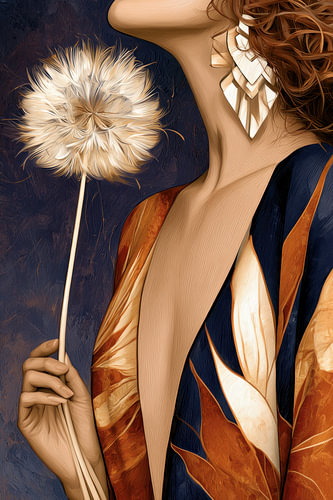 Portrait moderne et minimaliste d'une femme de profil, avec des paillettes en forme de pissenlit