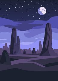 A minimalist flat vector alien desert landscape at night under a crescent moon.