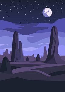 Eine minimalistische, flache Vektorzeichnung einer außerirdischen Wüstenlandschaft bei Nacht unter einem Halbmond.