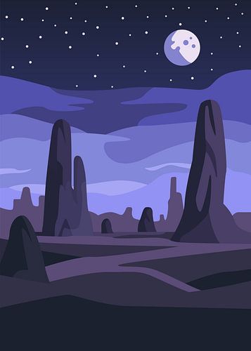Een minimalistisch, plat vectorlandschap van een buitenaardse woestijn bij nacht, onder een halve maan.