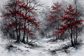 Mistig bos met dieprode herfstbladeren – landschap in aquarel