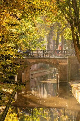 Fietser over brug niewe gracht in de herfst.